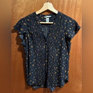 H&M Navy Blouse with Gold Floral Pintucks